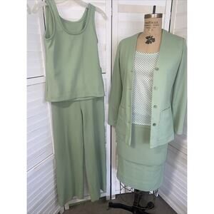 Handmade 70s Green Polyester 5 Piece Tank Blouse Skirt Pants Jacket Green Set